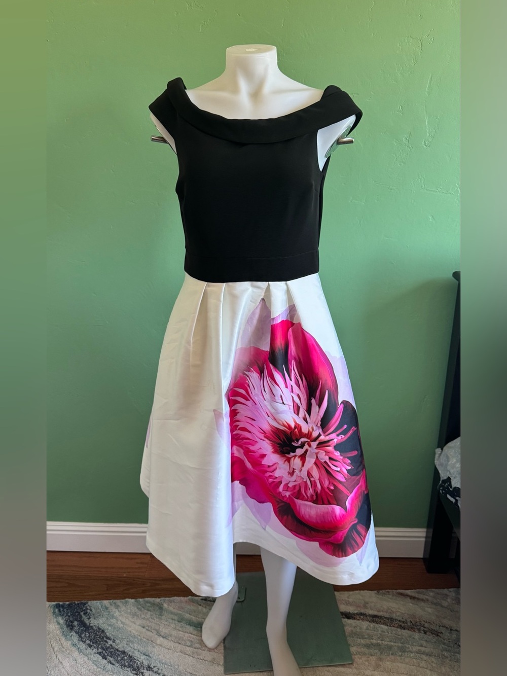 Debut Vintage Off-the-Shoulder Black and White Floral Midi Dress UK 12 US 8
